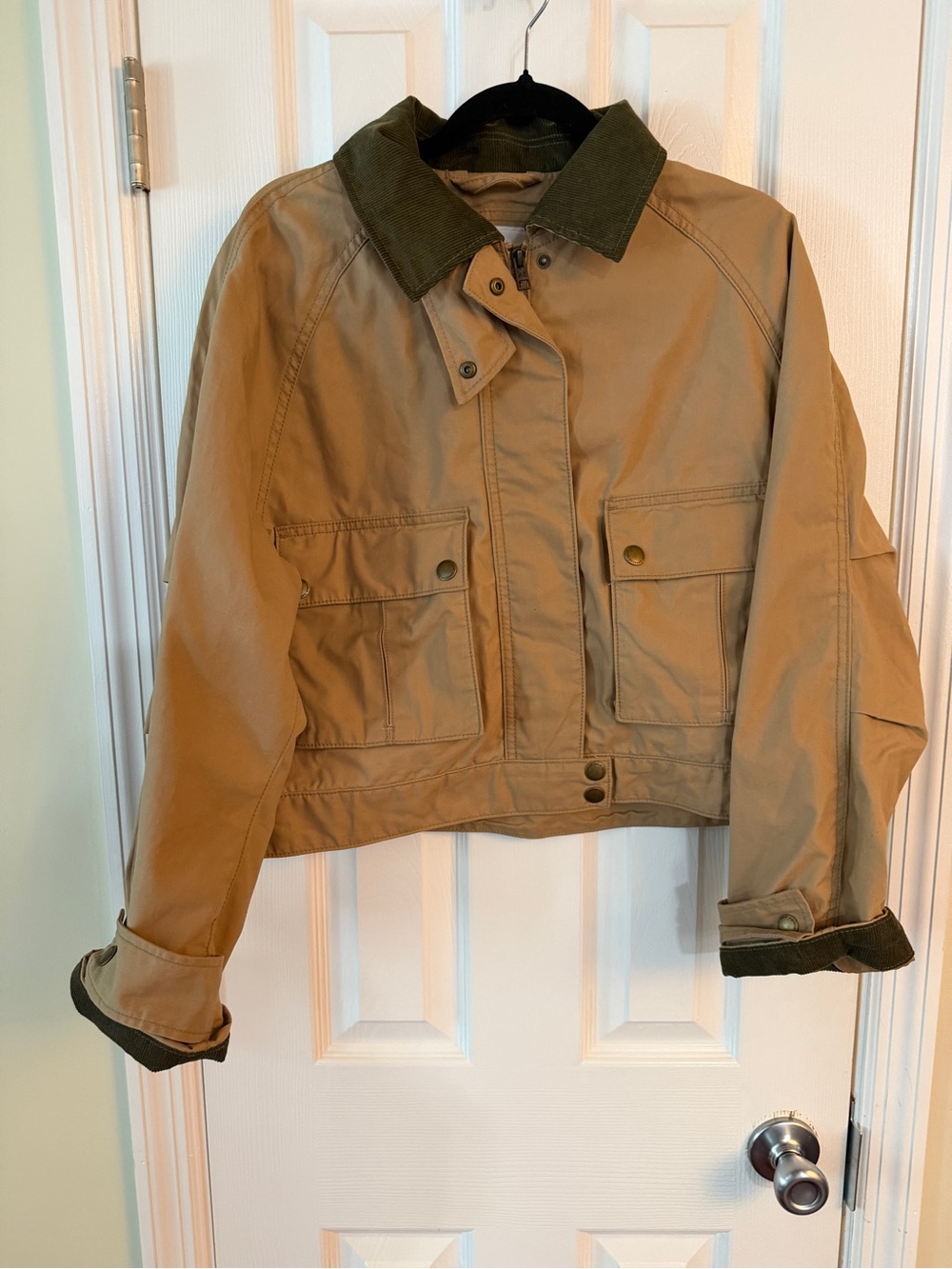 American Eagle Outfitters Tan Utility Jacket with Olive Collar